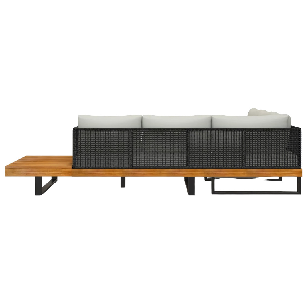 Outdoor Corner Sectional Sofa Teak Solid Wood Frame With Upholstered Seat And Back Cushion And Black Powder Coated Metal Legs