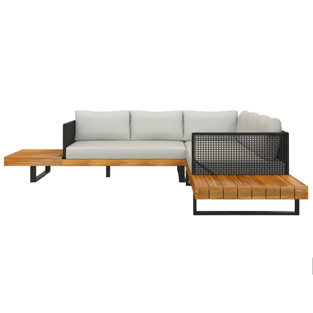 Outdoor Corner Sectional Sofa Teak Solid Wood Frame With Upholstered Seat And Back Cushion And Black Powder Coated Metal Legs