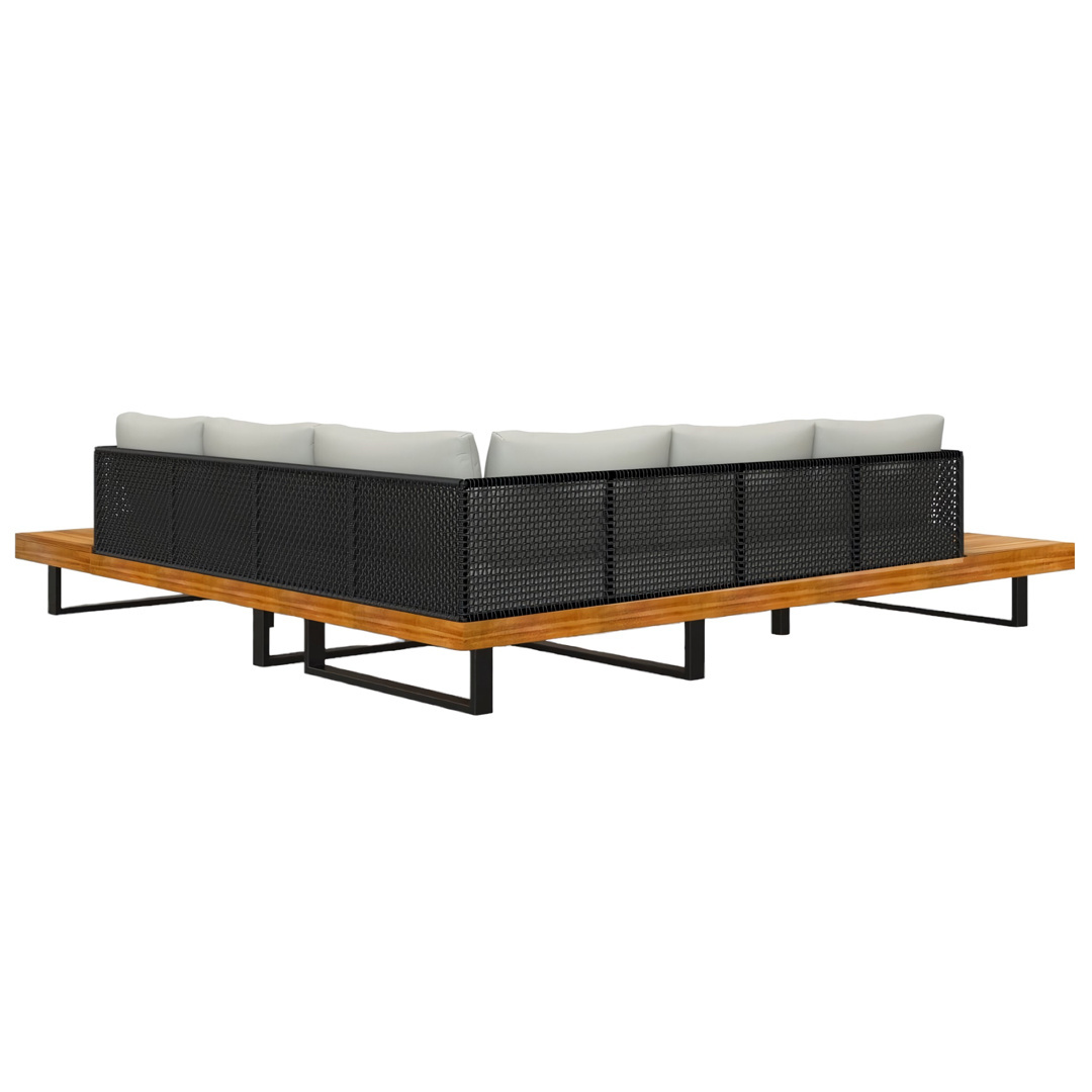 Outdoor Corner Sectional Sofa Teak Solid Wood Frame With Upholstered Seat And Back Cushion And Black Powder Coated Metal Legs