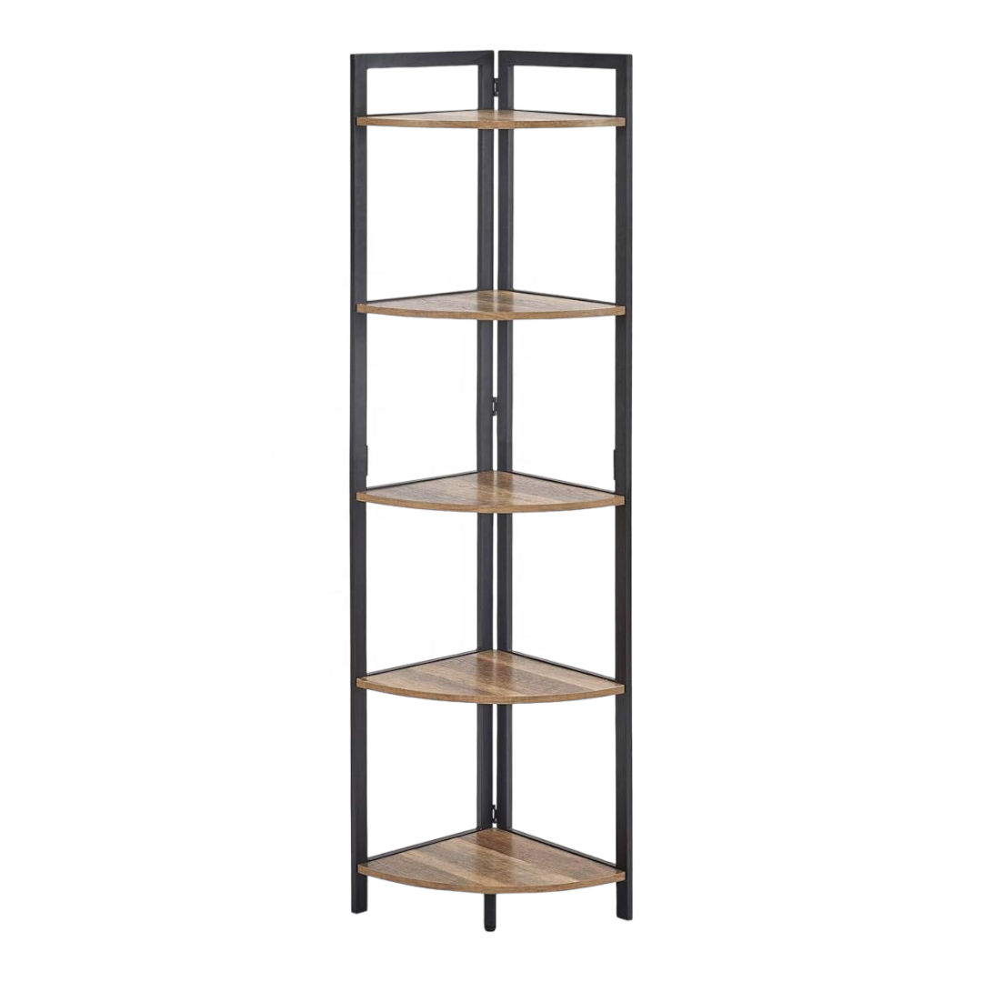 Corner Bookshelf 5 Tier Tall , Wood and Metal Corner Bookcase for Living Room