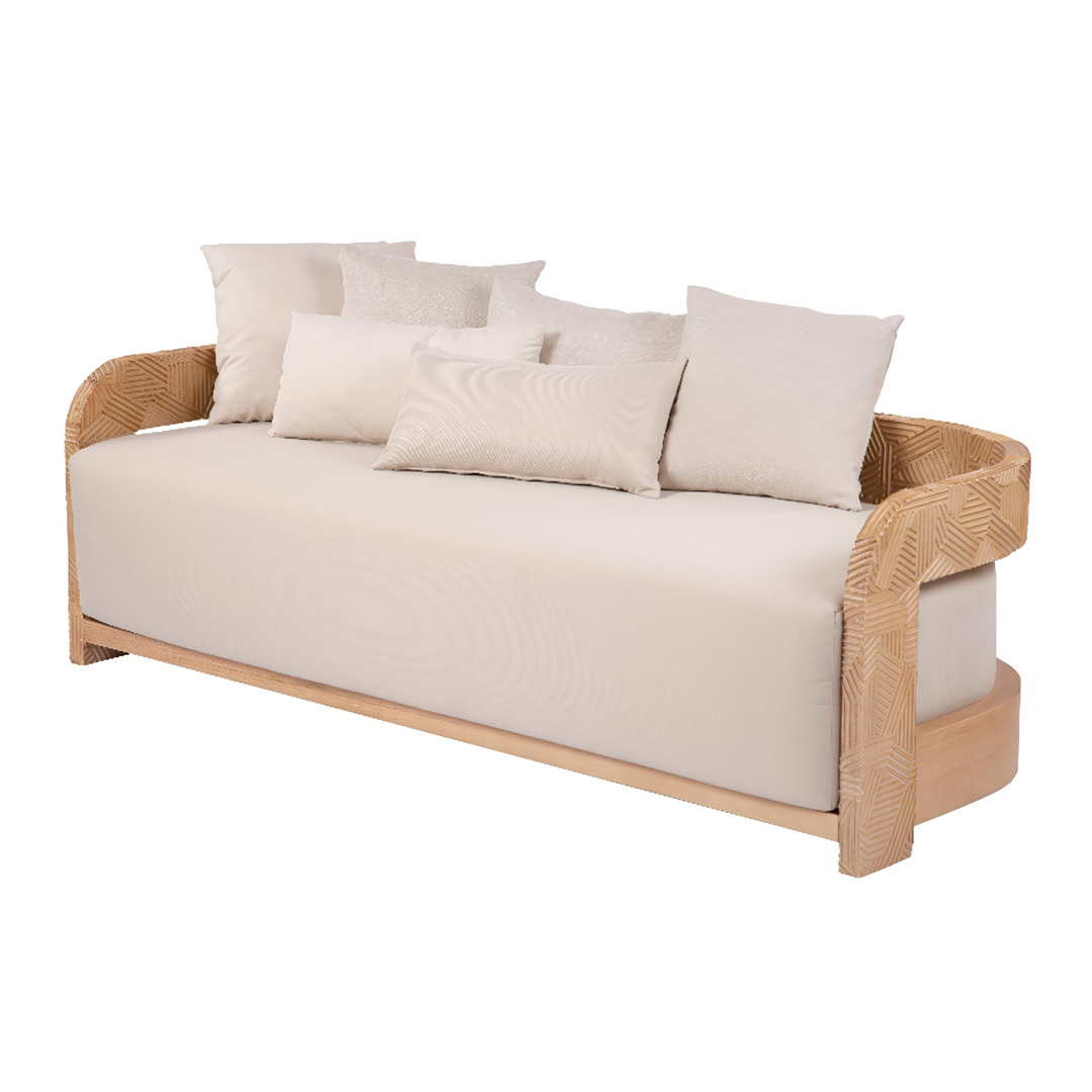 Teak Solid Wood Outdoor Loveseat Carved Backrest Two Seater Sofa With Curved Round Armrest And Oversized Cushion