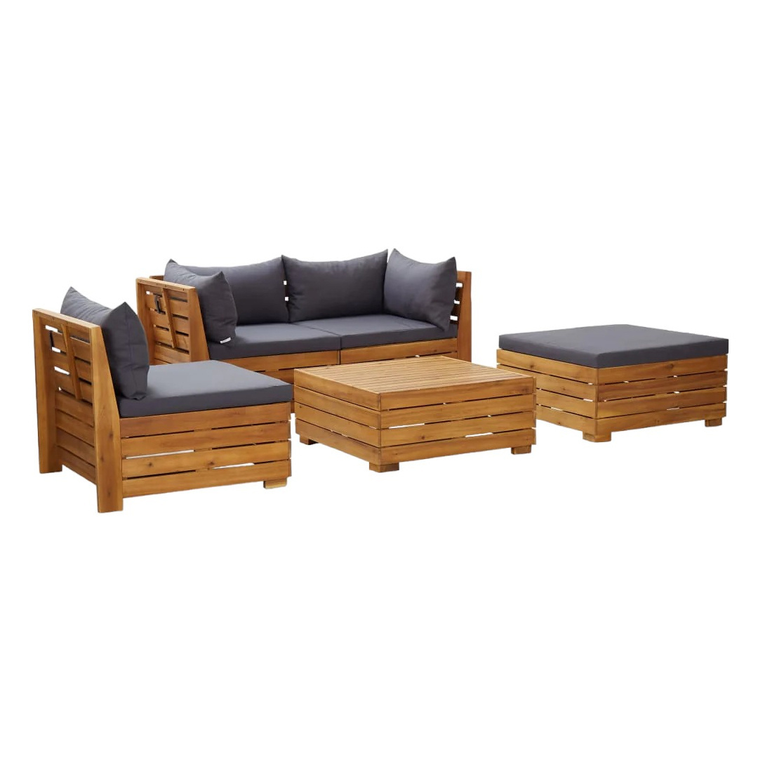 Gray Solid Teak Wood Garden Set Lounge Sofa With Corner Sofa Coffee Table And Ottoman