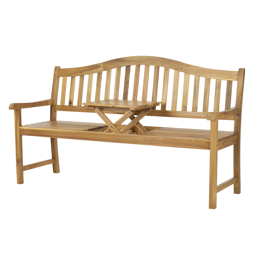 Outdoor Teak Solid Wood Garden Bench Slatted Design With Pop Up Table In The Center Of The Bench Natural Wood Finished