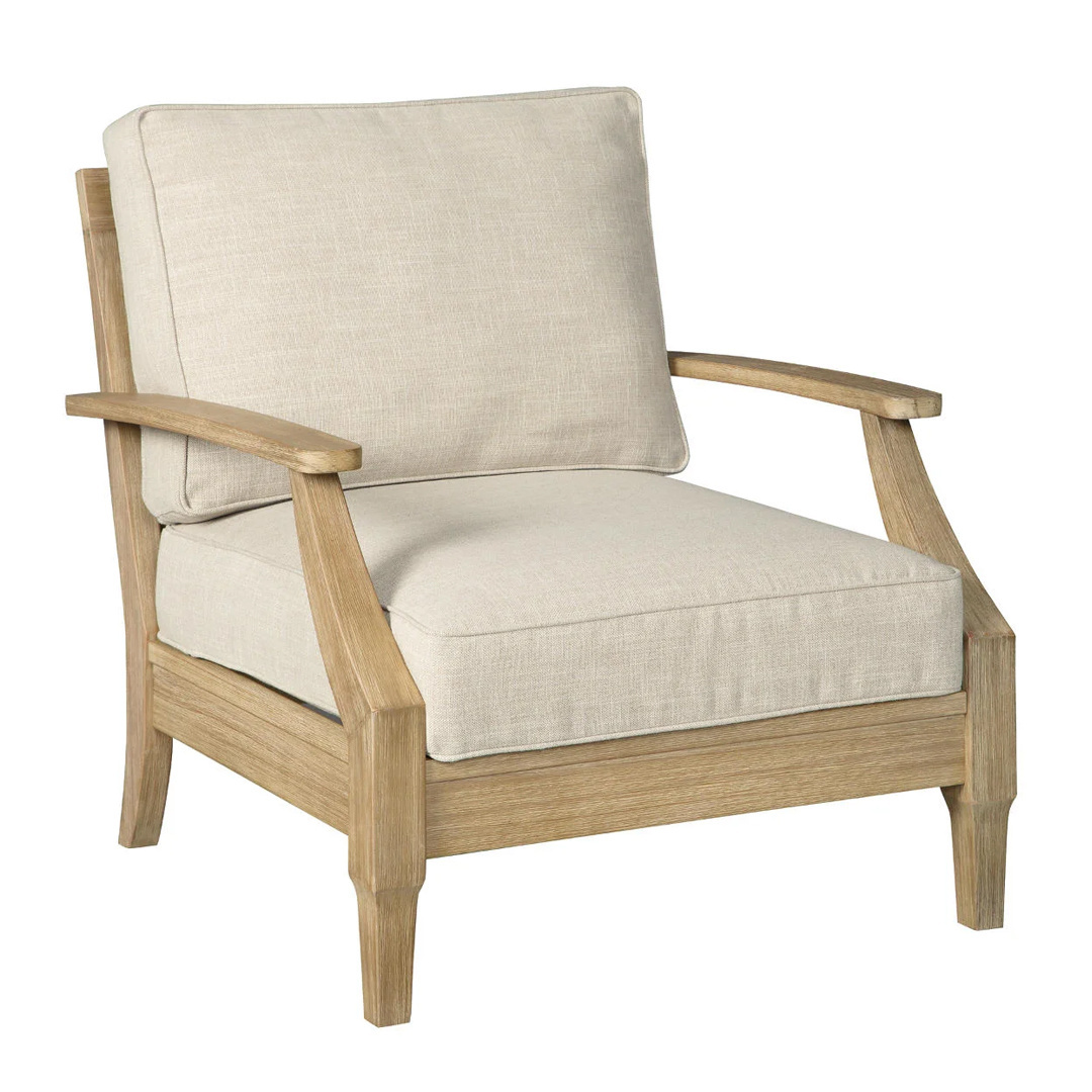 Elegant Outdoor Patio Teak Solid Wood Armchair With Soft Fabric Cushion Wrapped Natural Wood Finish