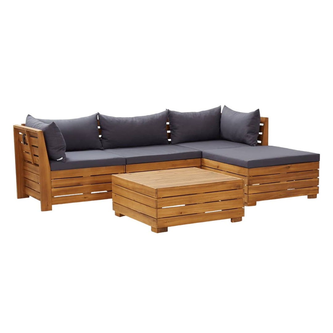 Gray Solid Teak Wood Garden Set Lounge Sofa With Corner Sofa Coffee Table And Ottoman