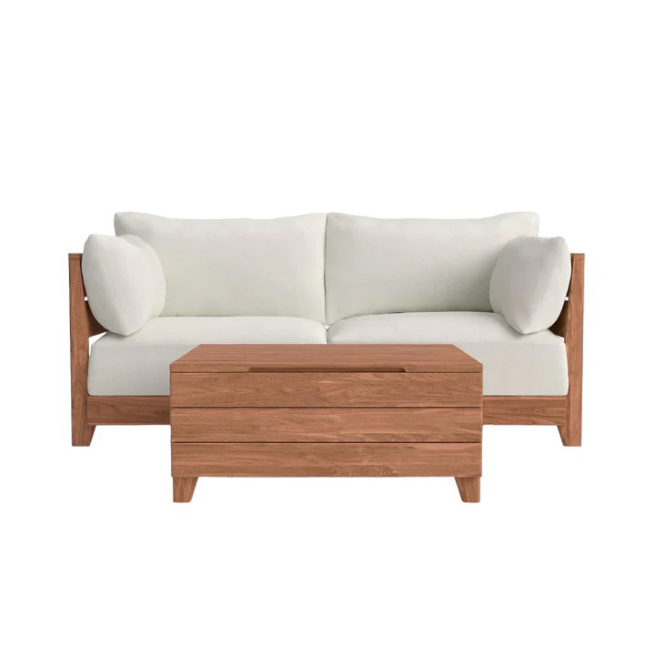 Classic Teak Outdoor Loveseat With Storage Coffee Table And Comfortable Canvas Cushion