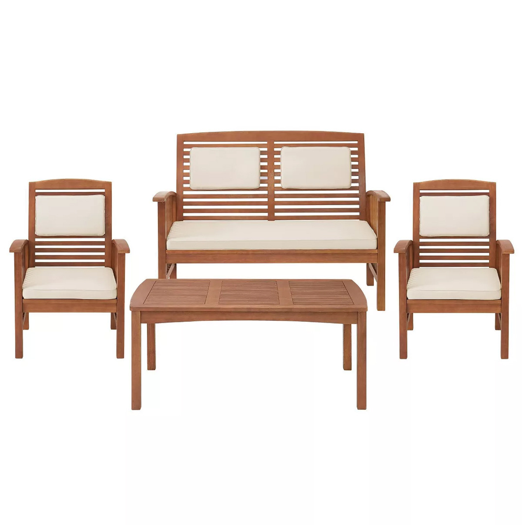 Teak Wood Outdoor Set Loose Slat Design With Loveseat Bench Armrest Chairs With Headrest Cushion And Table