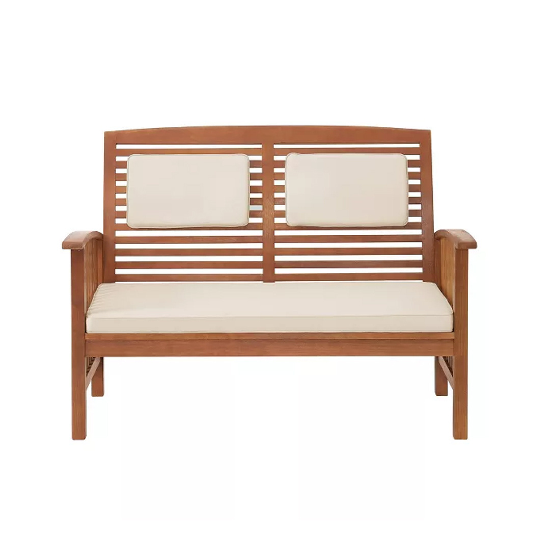 Teak Wood Outdoor Set Loose Slat Design With Loveseat Bench Armrest Chairs With Headrest Cushion And Table