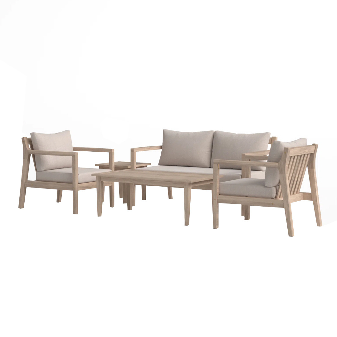 Outdoor Teak Solid Wood Garden Patio Sofa Set Loveseat And Two Arm Chair With Rectangular Coffee Table