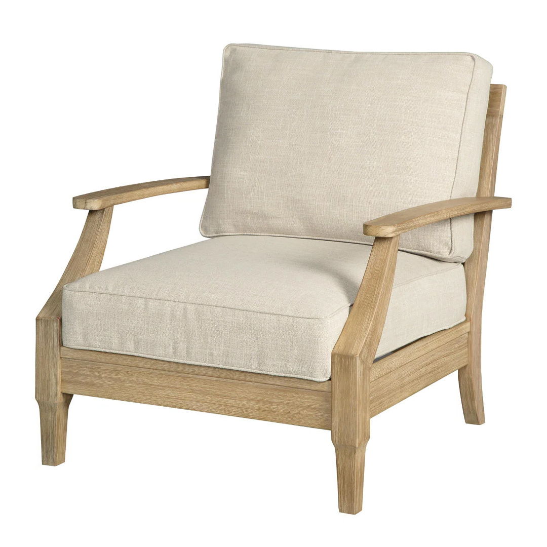 Elegant Outdoor Patio Teak Solid Wood Armchair With Soft Fabric Cushion Wrapped Natural Wood Finish