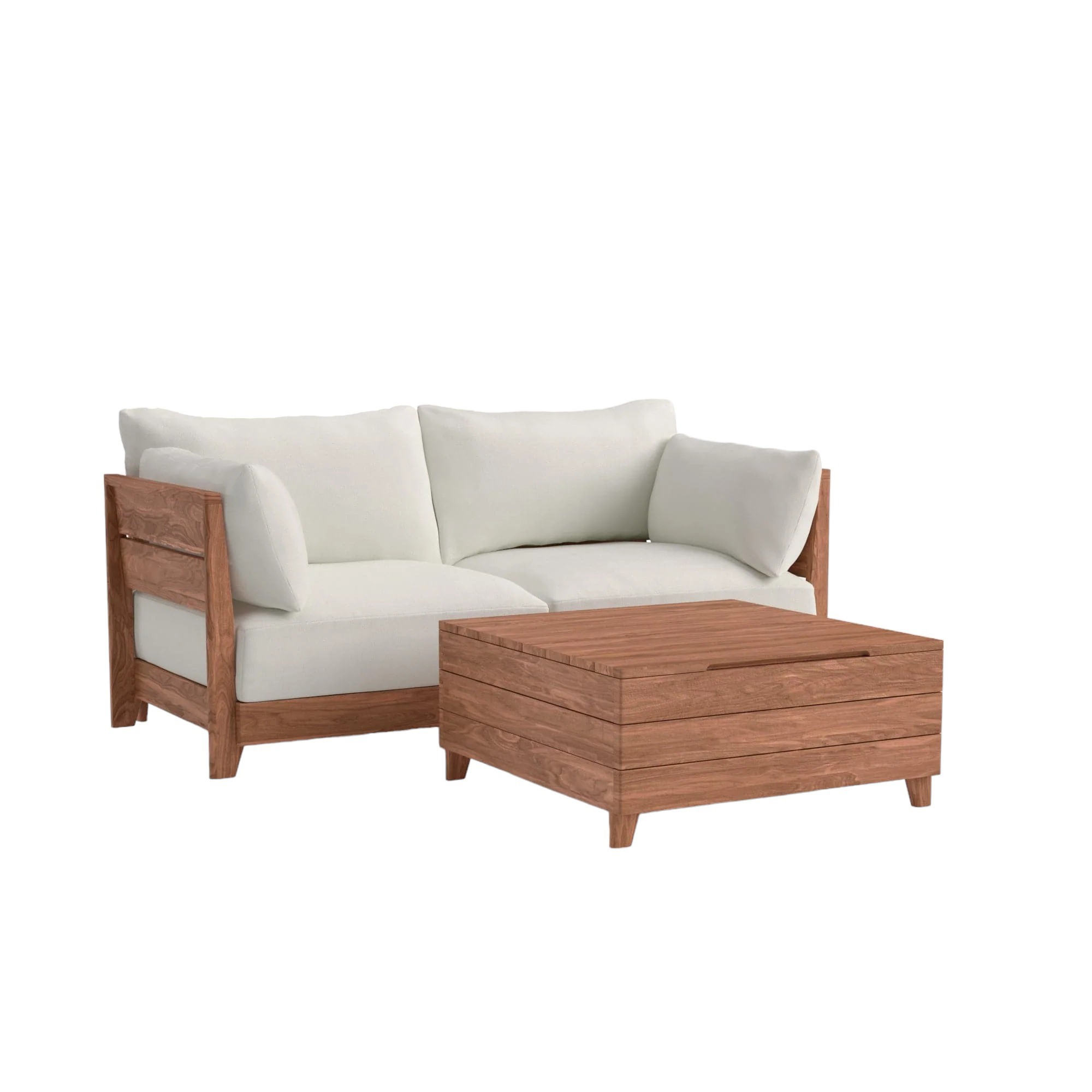 Classic Teak Outdoor Loveseat With Storage Coffee Table And Comfortable Canvas Cushion