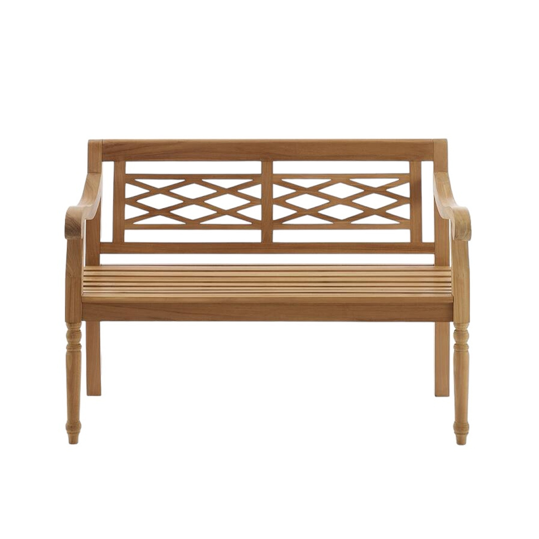 Modern Classic Outdoor Teak Garden Bench Slatted Seat And CrissCross Back Design With Carving Turned Legs