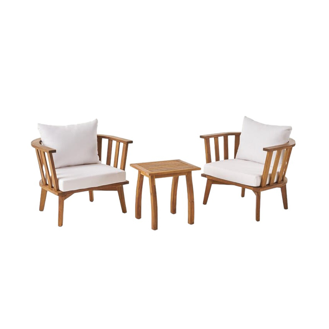 Outdoor Hot Sale Teak Wood Club Chair And Side Table Set Modern Style Slat Design With Curved Backrest