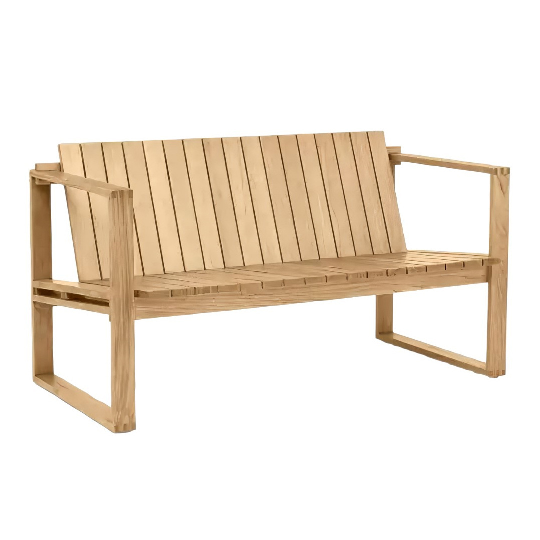 Solid Teak Wood Outdoor Bench Slatted Design Lounge Low Backrest Bench With High Armrest And With / Without Cushion