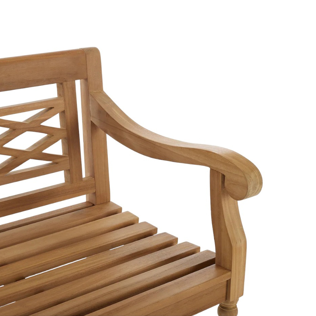 Modern Classic Outdoor Teak Garden Bench Slatted Seat And CrissCross Back Design With Carving Turned Legs