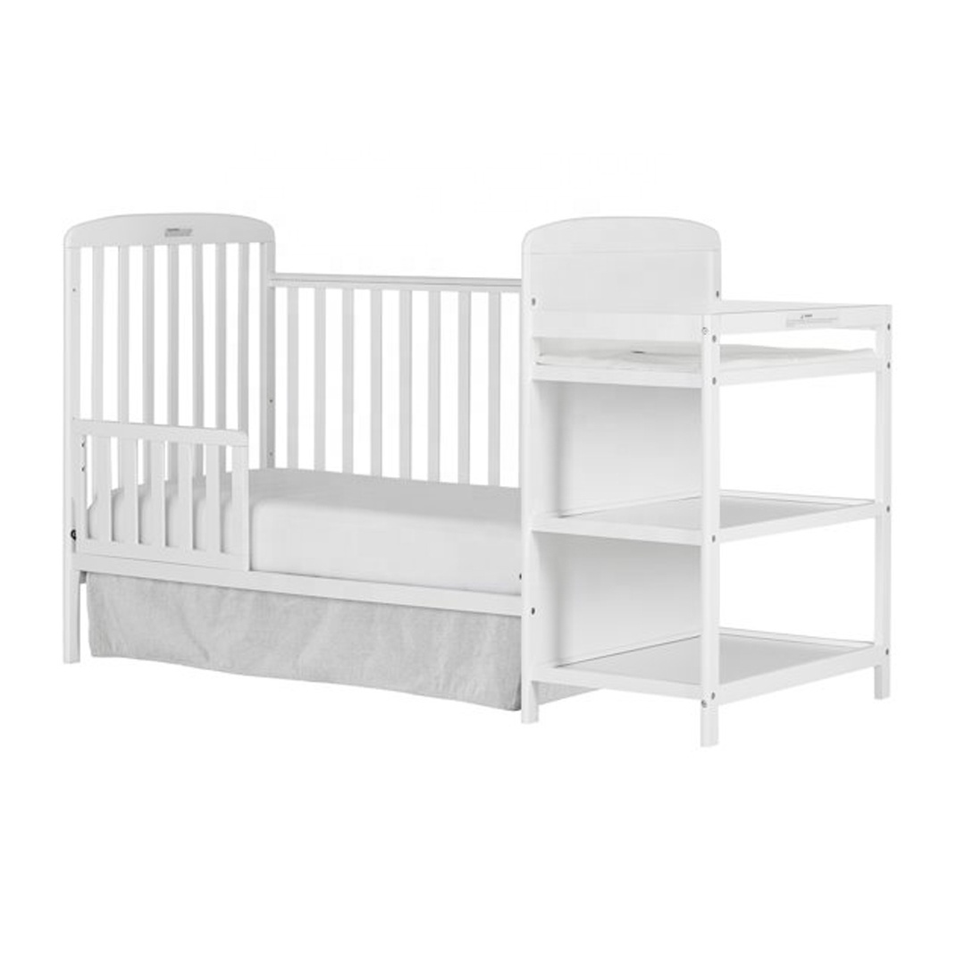 3-in-1 Kid Bed Full Size Crib and Changing Table in White Finish Solid Teak Wood