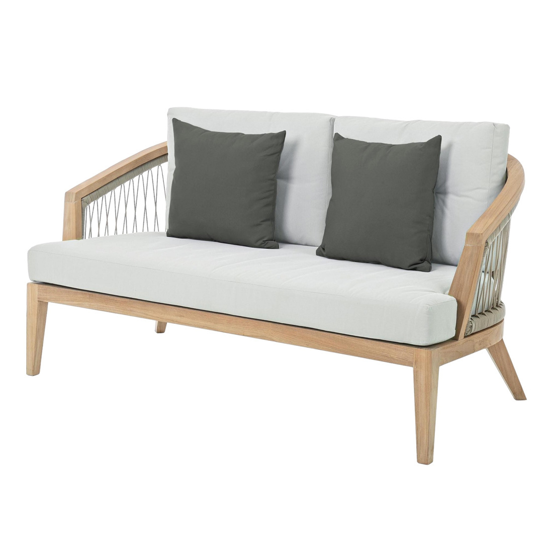 Outdoor Modern Design Loveseat Garden Sofa Two Seater Sofa With Teak Solid Wood Frame And Round Rope Wicker Backrest