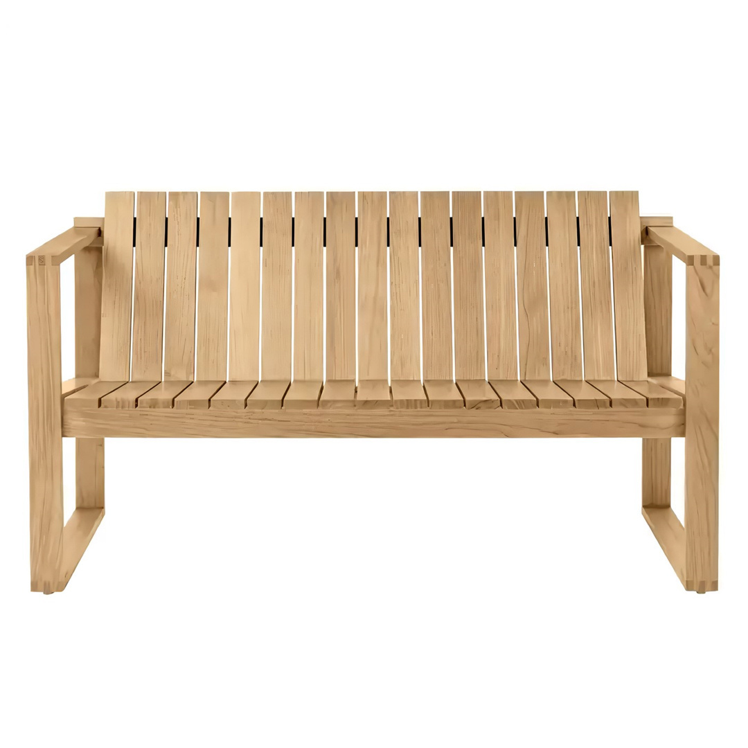 Solid Teak Wood Outdoor Bench Slatted Design Lounge Low Backrest Bench With High Armrest And With / Without Cushion