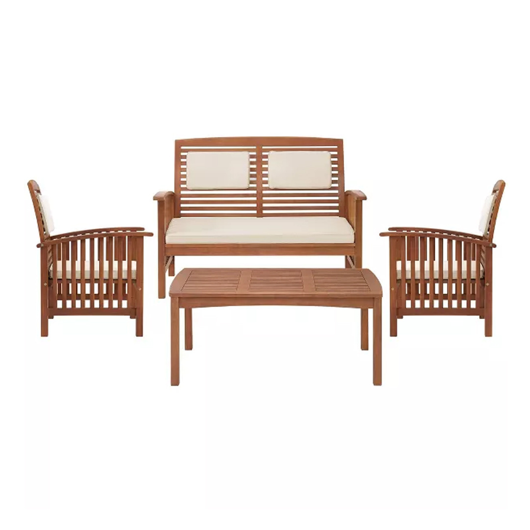 Teak Wood Outdoor Set Loose Slat Design With Loveseat Bench Armrest Chairs With Headrest Cushion And Table