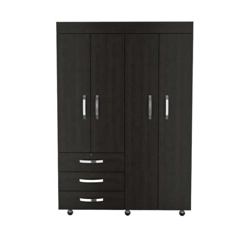 Modern Wardrobe Solid Teak Wood With 3-Drawer and 4-Door Rectangle Armoire for Bedroom Furniture