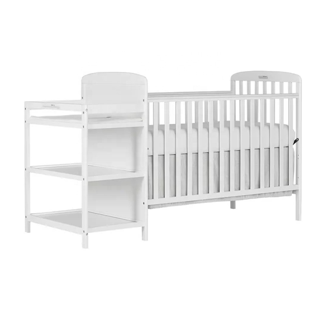 3-in-1 Kid Bed Full Size Crib and Changing Table in White Finish Solid Teak Wood