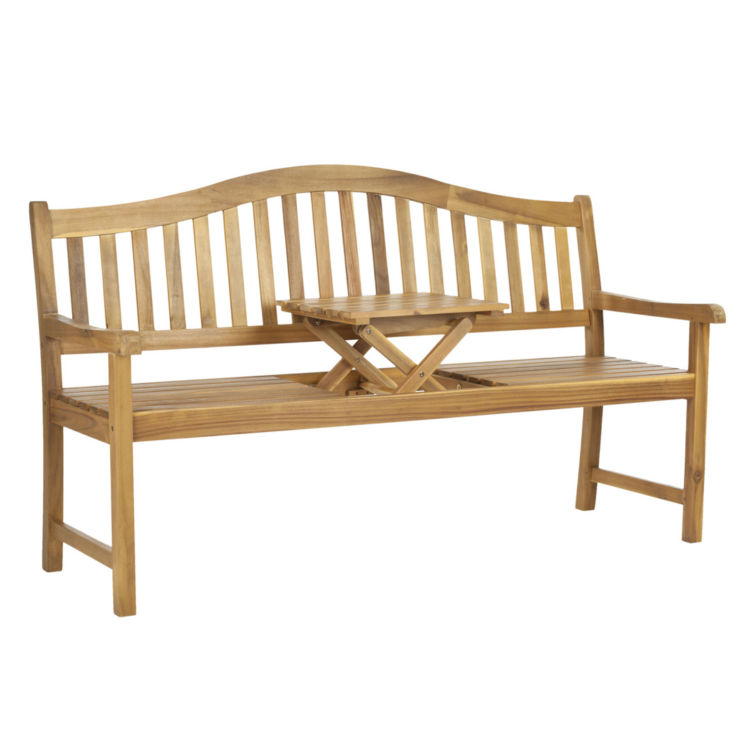 Outdoor Teak Solid Wood Garden Bench Slatted Design With Pop Up Table In The Center Of The Bench Natural Wood Finished