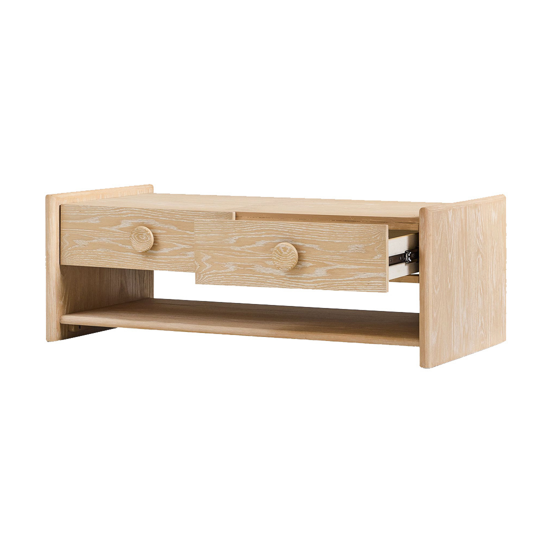 Teak Solid Wood Coffee Table With Two Drawers And Open Storage Shelf Natural Wood Finish