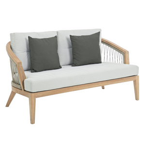 Outdoor Modern Design Loveseat Garden Sofa Two Seater Sofa With Teak Solid Wood Frame And Round Rope Wicker Backrest