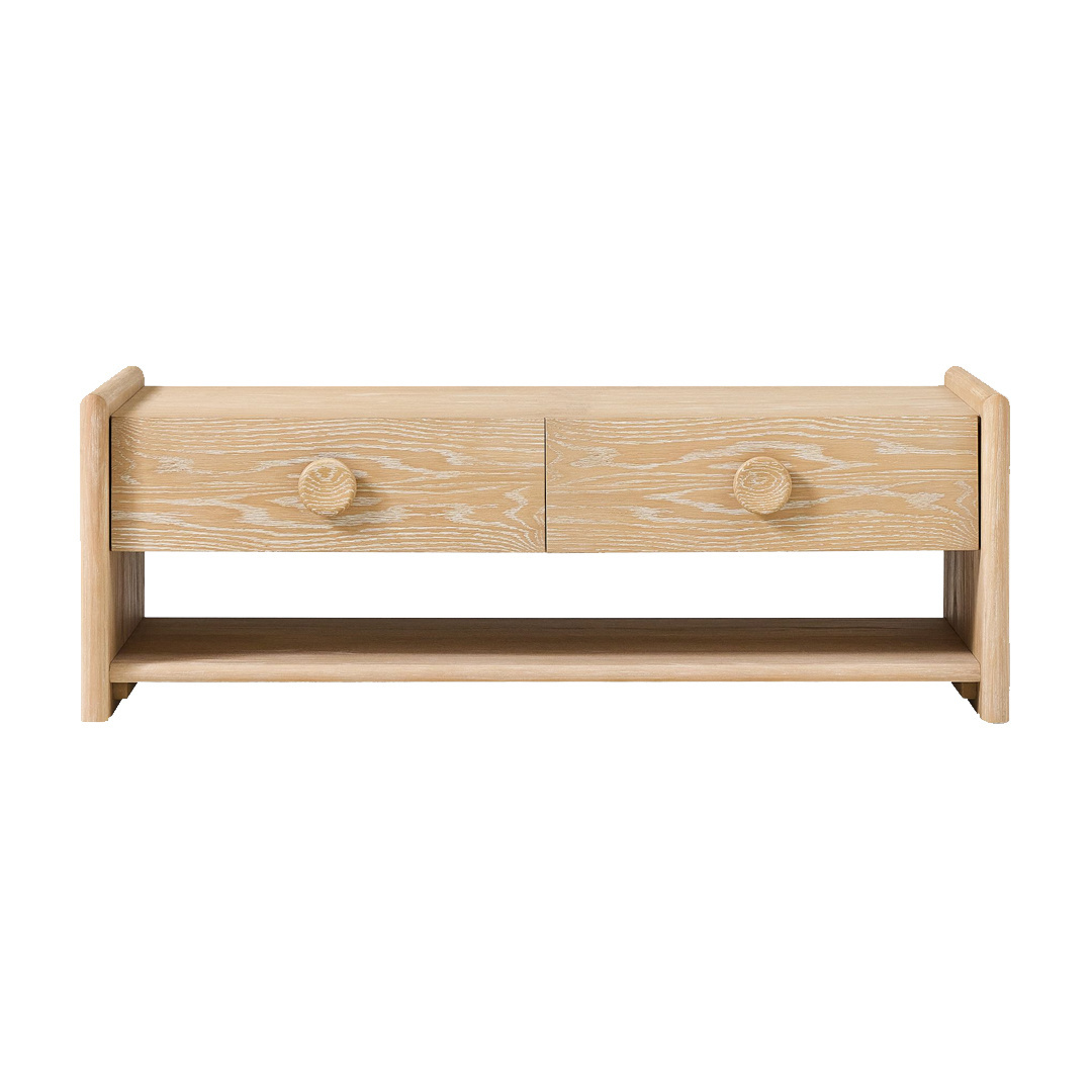 Teak Solid Wood Coffee Table With Two Drawers And Open Storage Shelf Natural Wood Finish