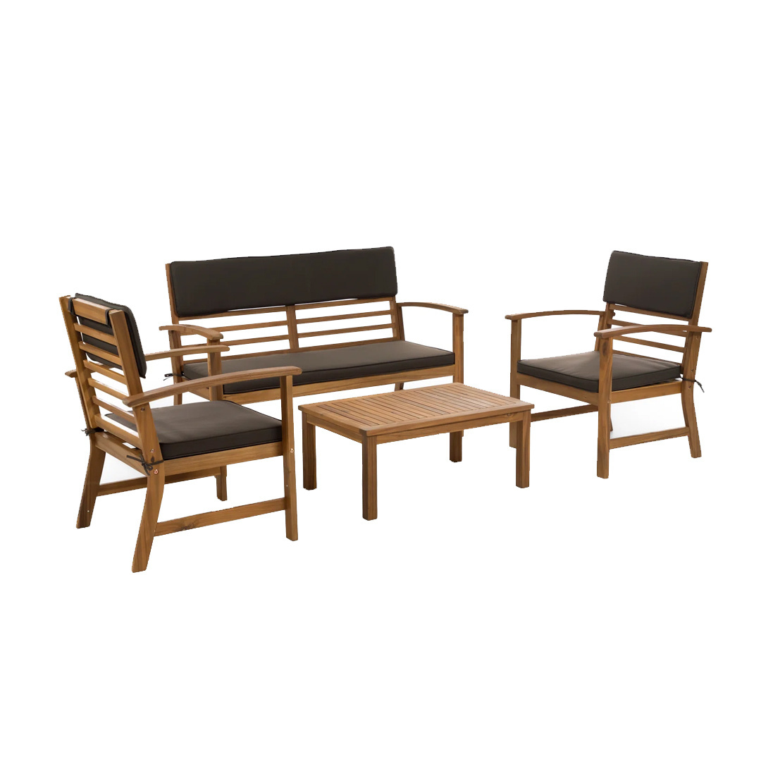 Teak Solid Wood Garden Patio Set Loveseat And Two Arm Chair Breathable Slats Backrest And Rectangular Coffee Table