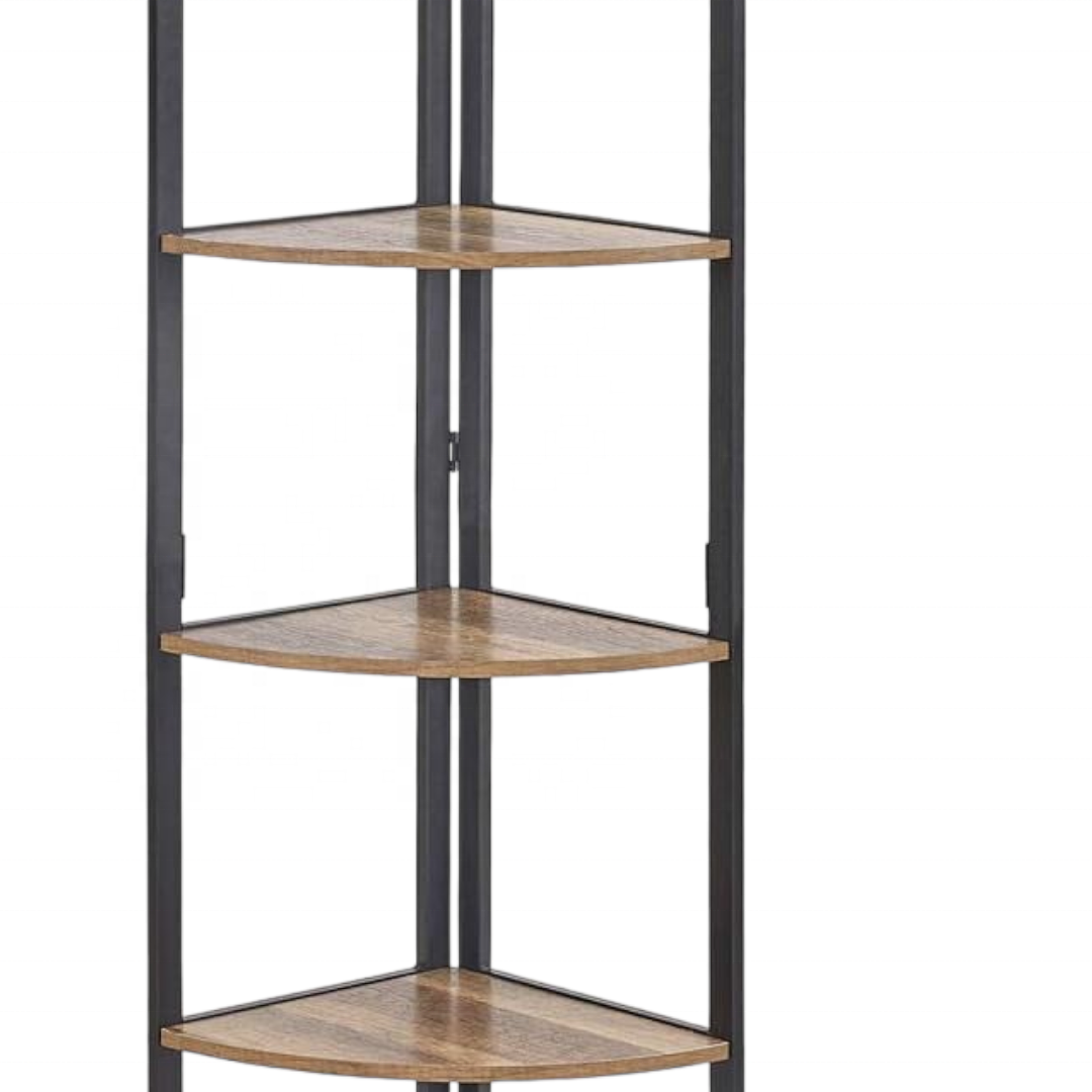 Corner Bookshelf 5 Tier Tall , Wood and Metal Corner Bookcase for Living Room