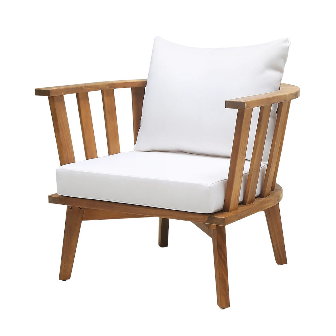 Outdoor Hot Sale Teak Wood Club Chair And Side Table Set Modern Style Slat Design With Curved Backrest