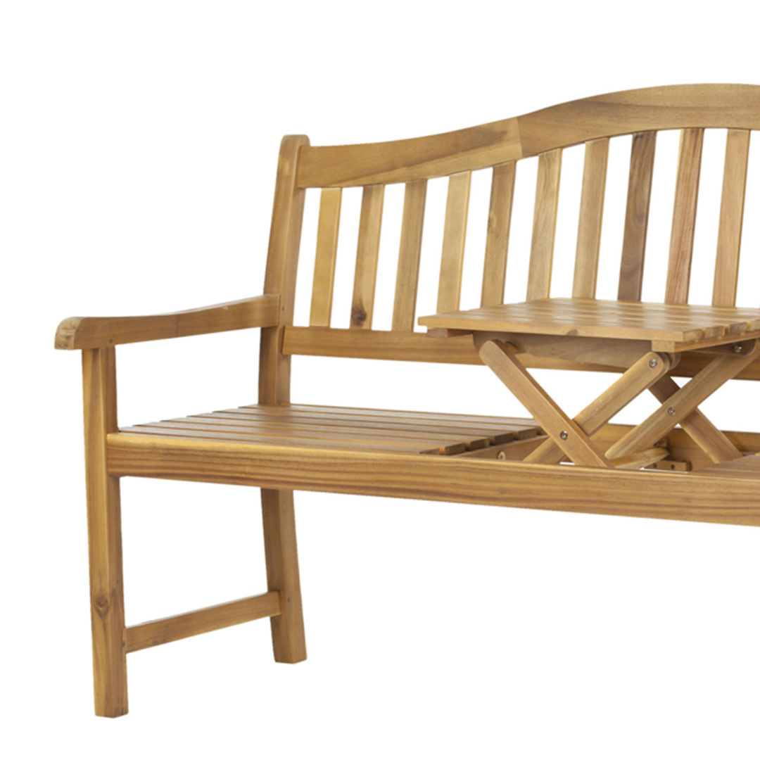 Outdoor Teak Solid Wood Garden Bench Slatted Design With Pop Up Table In The Center Of The Bench Natural Wood Finished