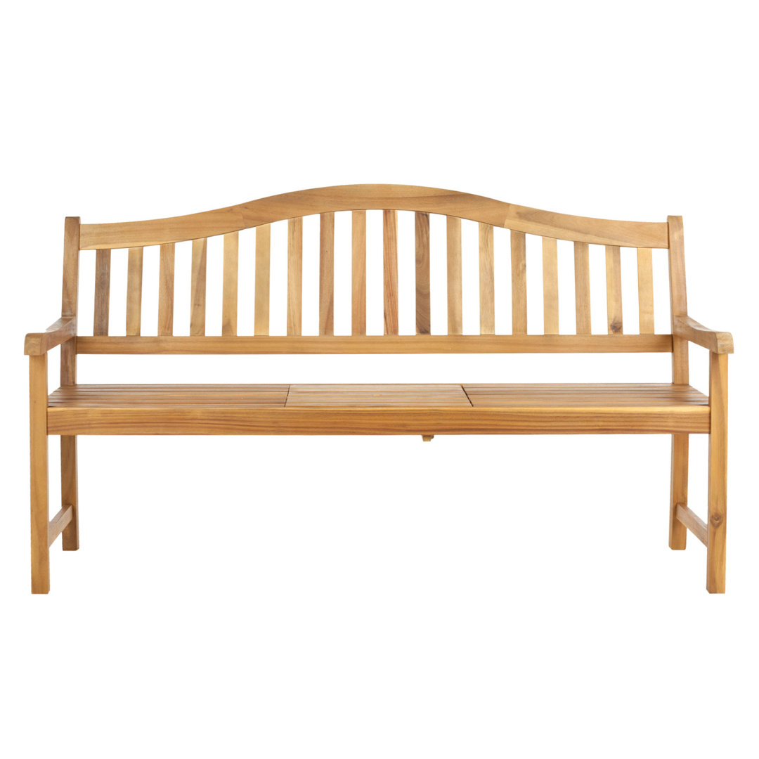 Outdoor Teak Solid Wood Garden Bench Slatted Design With Pop Up Table In The Center Of The Bench Natural Wood Finished