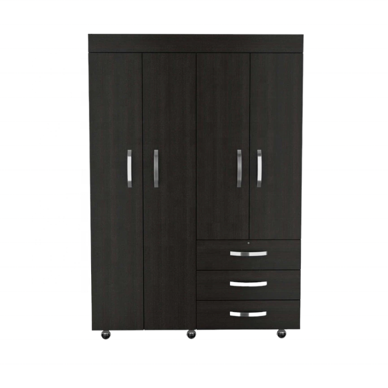 Modern Wardrobe Solid Teak Wood With 3-Drawer and 4-Door Rectangle Armoire for Bedroom Furniture