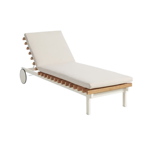 Rectangular Solid Teak Wood Sun Lounger With Wheels And Cushions Covered In Mildew And Fade Resistant Fabric