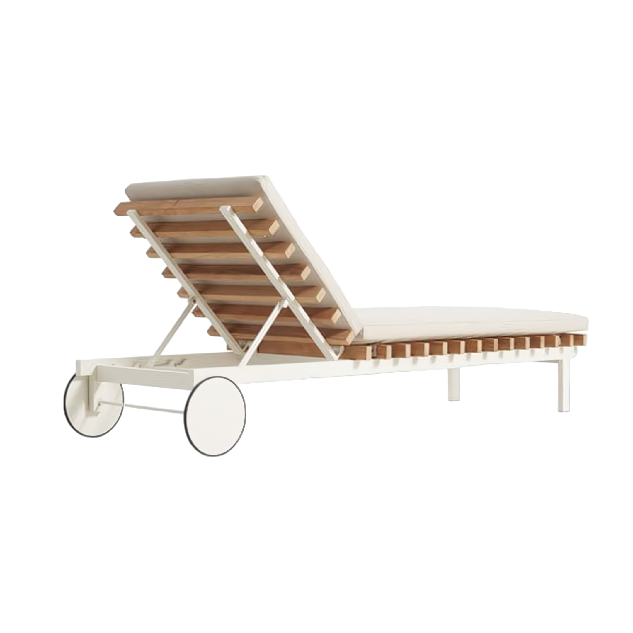 Rectangular Solid Teak Wood Sun Lounger With Wheels And Cushions Covered In Mildew And Fade Resistant Fabric