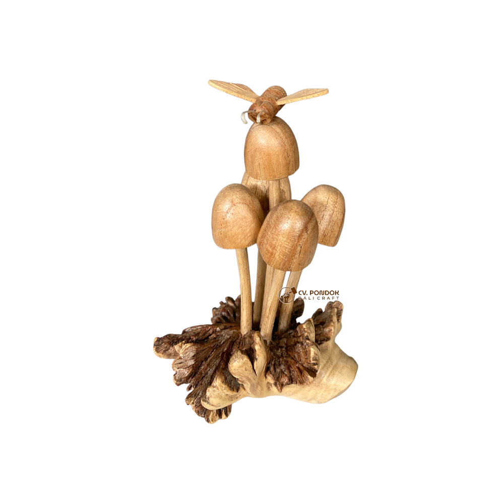 High Quality Home Decorations Wooden Bee on 5pcs Buds Mushroom with Parasite Wood Base Natural Wood Color From Bali Indonesia