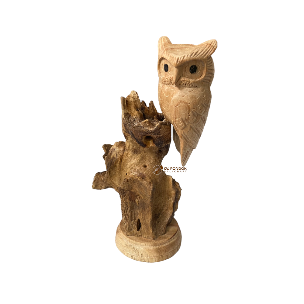 Handicraft Wooden Owl Bird Single Standing on Driftwood Root for Table Top Decoration and Christmas Decoration