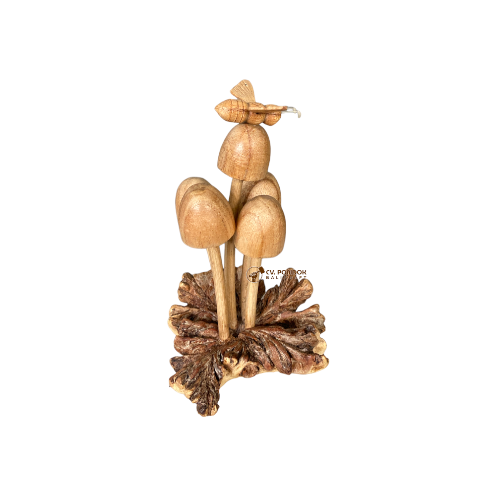 High Quality Home Decorations Wooden Bee on 5pcs Buds Mushroom with Parasite Wood Base Natural Wood Color From Bali Indonesia