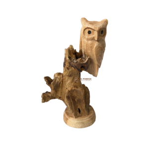 Handicraft Wooden Owl Bird Single Standing on Driftwood Root for Table Top Decoration and Christmas Decoration