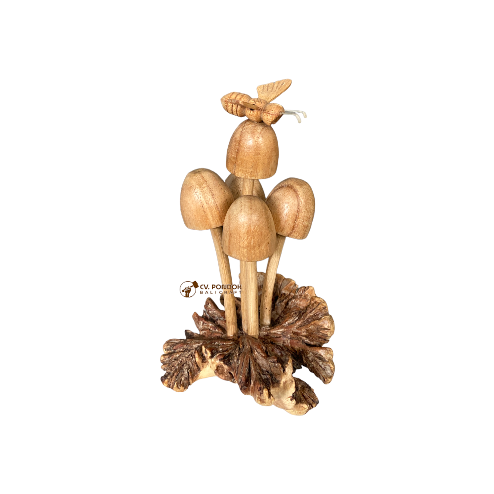 High Quality Home Decorations Wooden Bee on 5pcs Buds Mushroom with Parasite Wood Base Natural Wood Color From Bali Indonesia