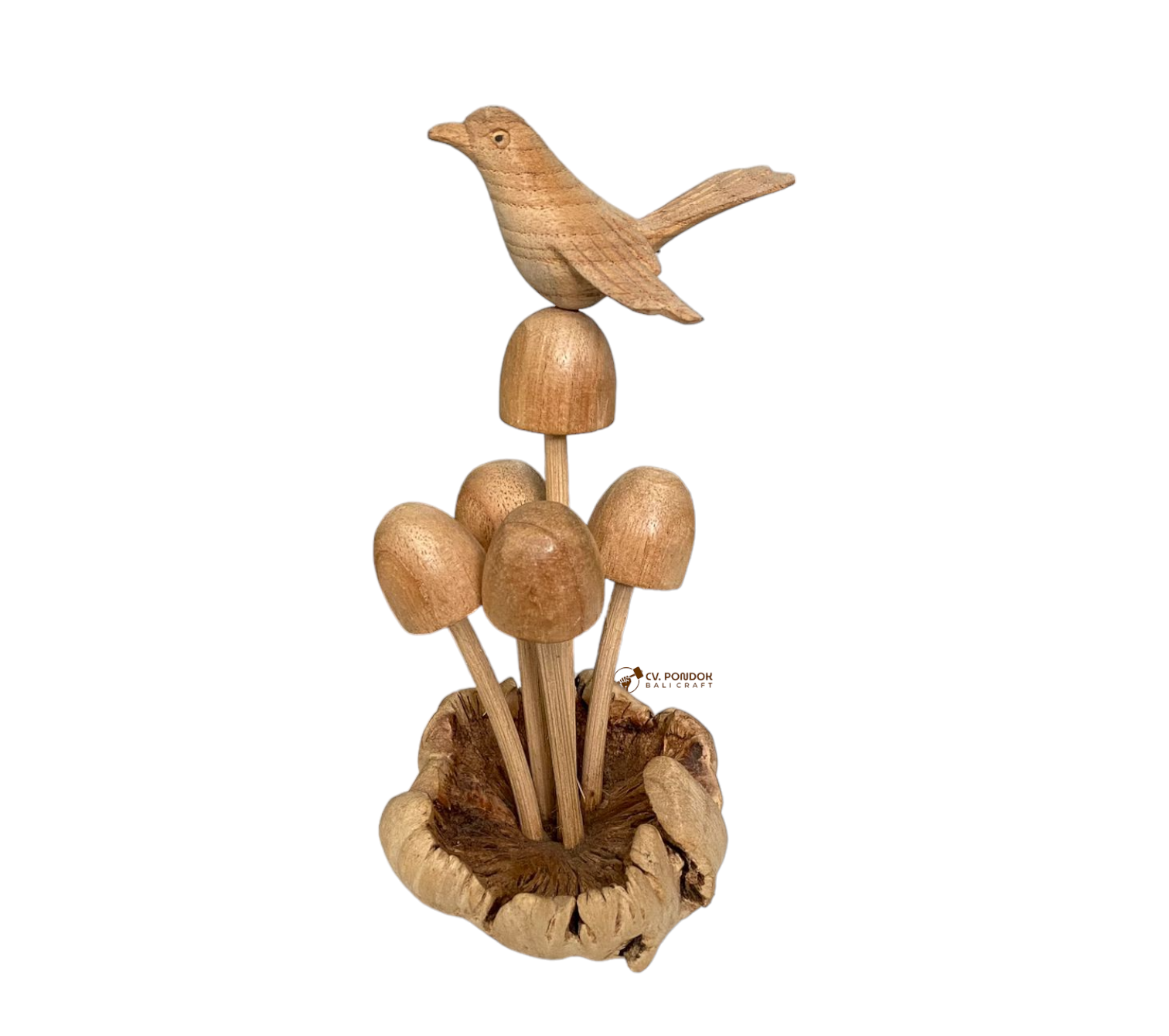 High Quality Handmade Wooden Buds Mushroom with Canary Bird on Parasite Wood With Natural Color Products From Bali Indonesia