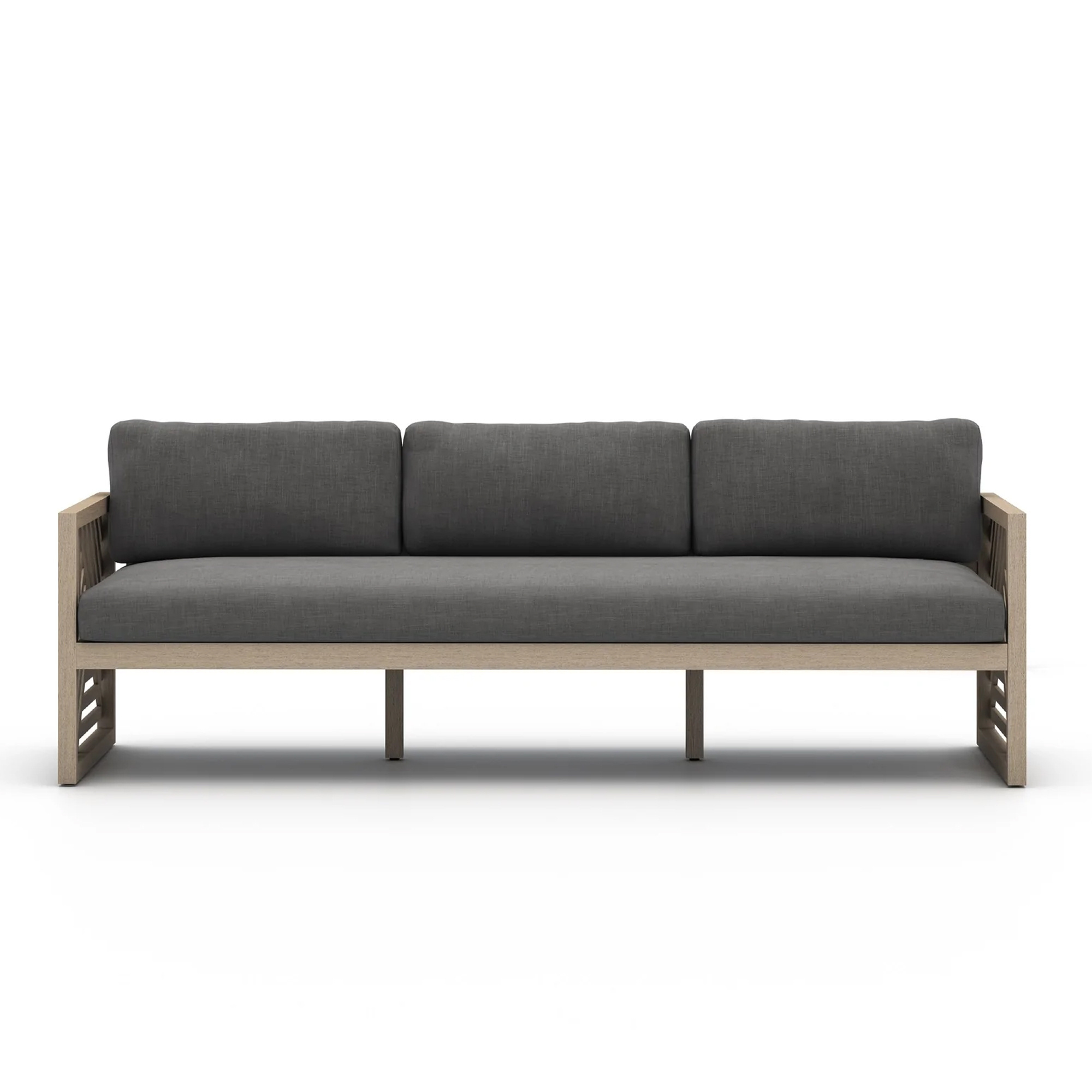 Slat Pattern Teak Wood Sofa Washed Finish Outdoor 3 Seater Sofa -Qeiza