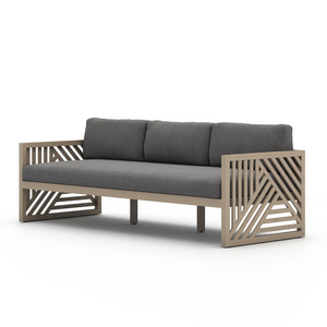 Slat Pattern Teak Wood Sofa Washed Finish Outdoor 3 Seater Sofa -Qeiza