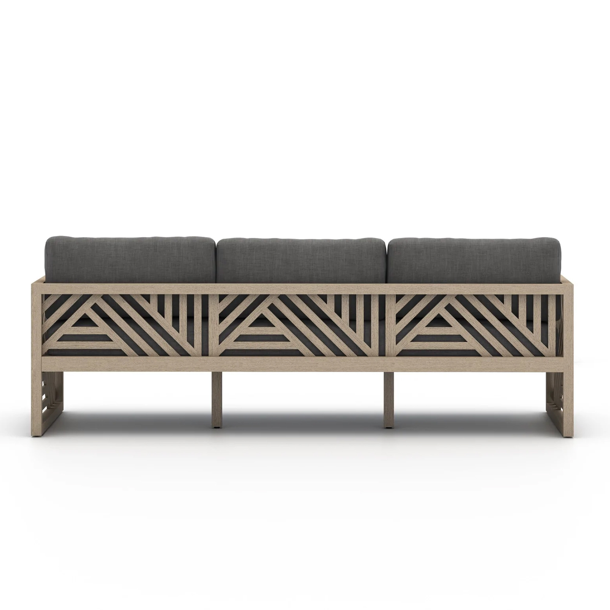 Slat Pattern Teak Wood Sofa Washed Finish Outdoor 3 Seater Sofa -Qeiza