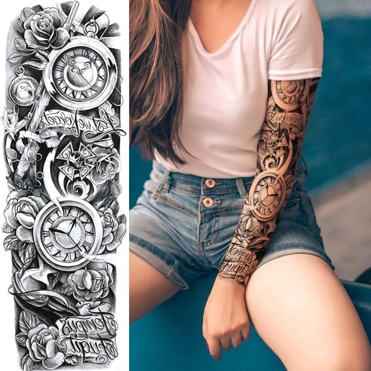 New skull lotus waterproof temporary ink sleeve full arm body makeup tattoo sticker for men