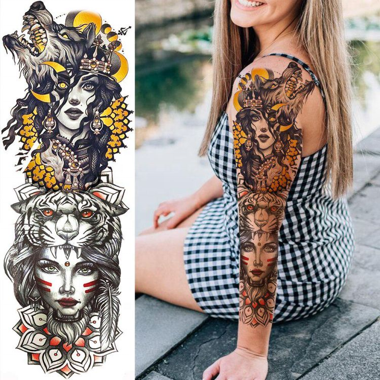 New skull lotus waterproof temporary ink sleeve full arm body makeup tattoo sticker for men