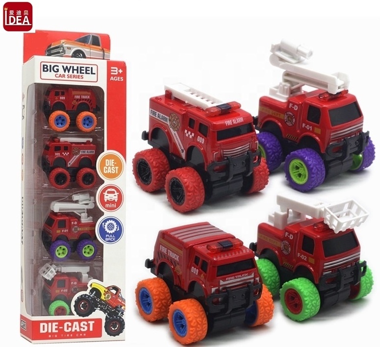 Hot sale big wheel diecast monster truck model toy cars Pull back alloy fire truck vehicles play set