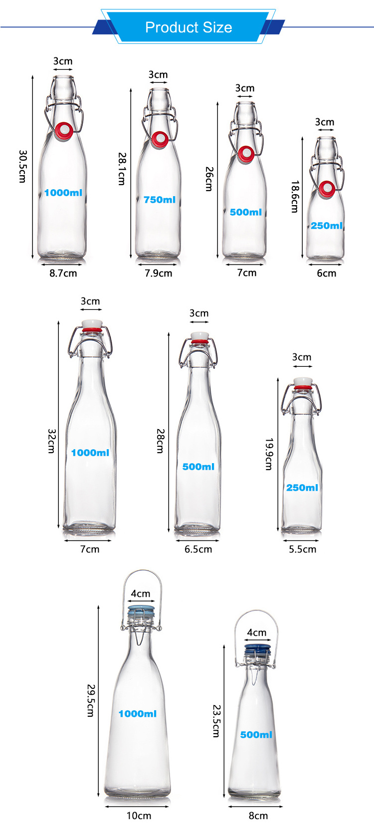 250ml 500ml 1000ml 1 liter square shape Swing Top Brewing Glass Bottle for Beverage